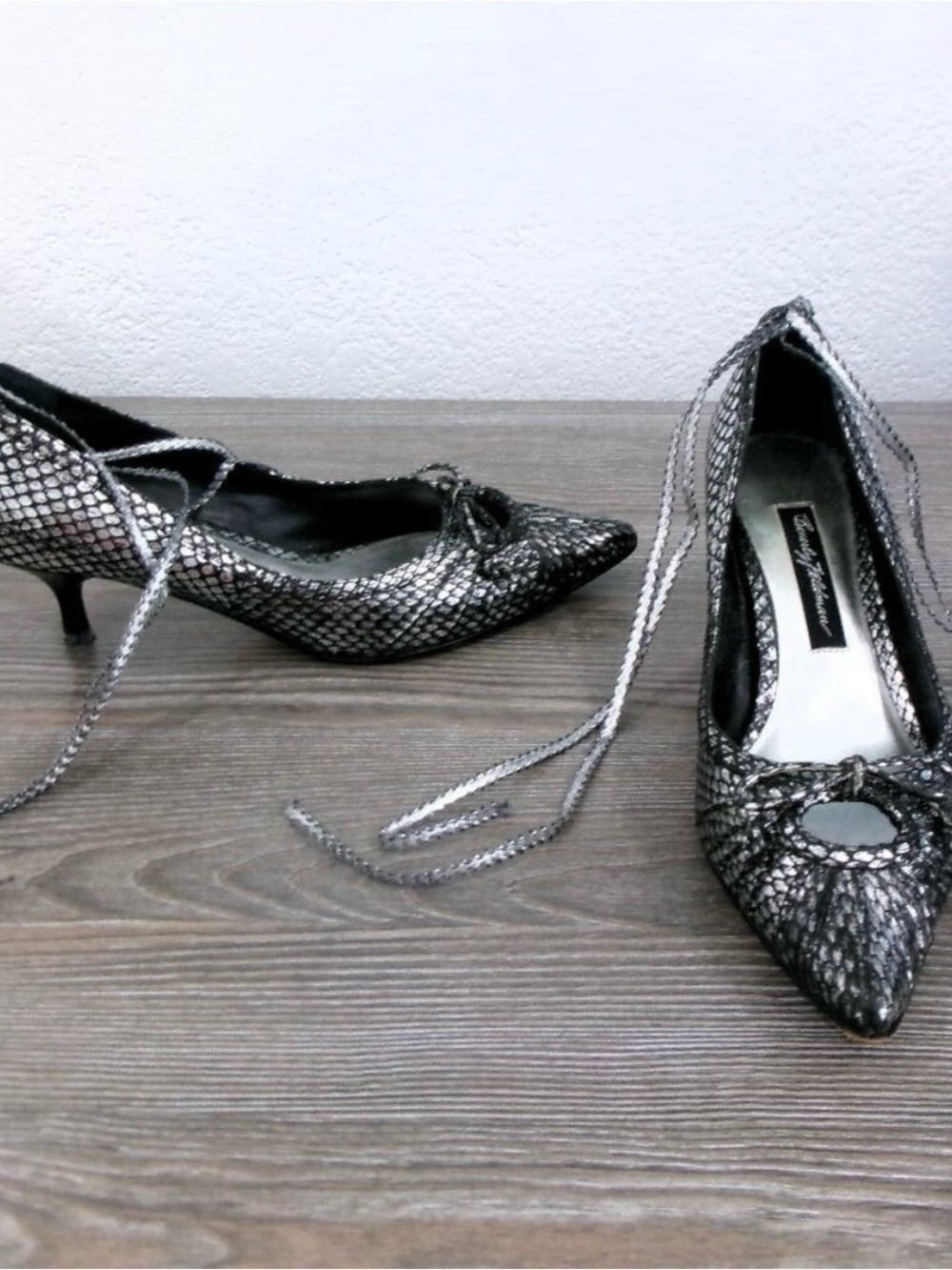 Metallic Black Lace-Up Pointed Toe Pumps